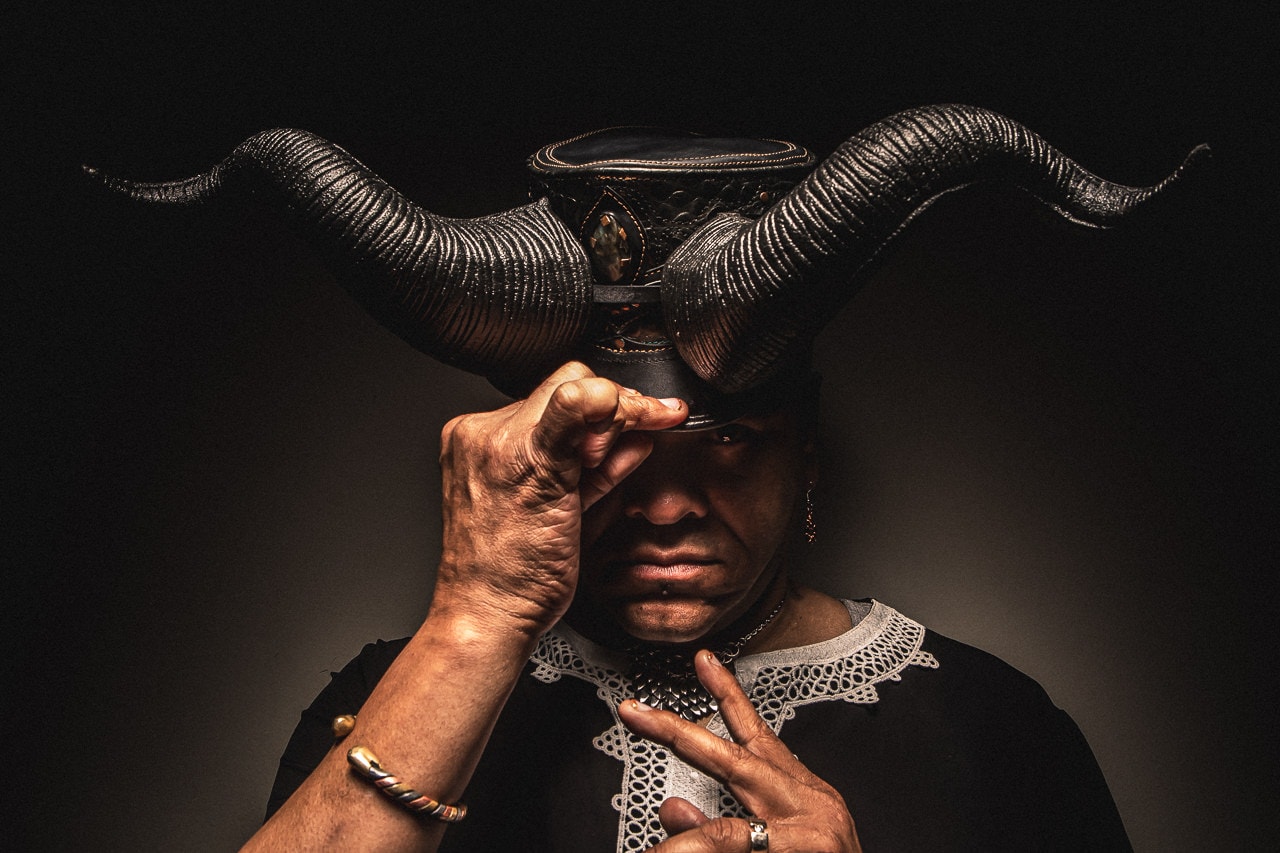 Tony Holmes in ritual ceremonial headpiece