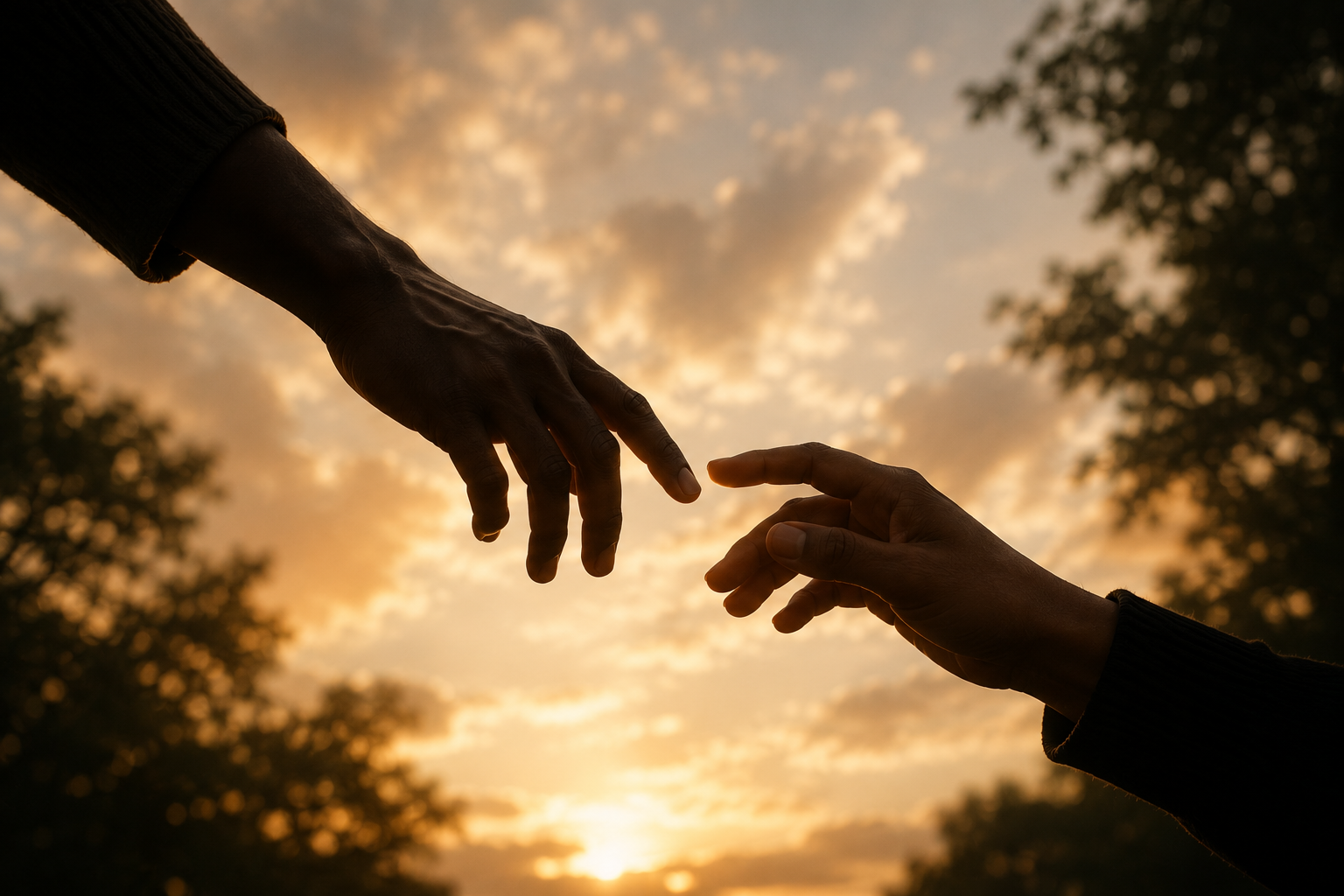 Two hands reaching toward each other at golden sunset